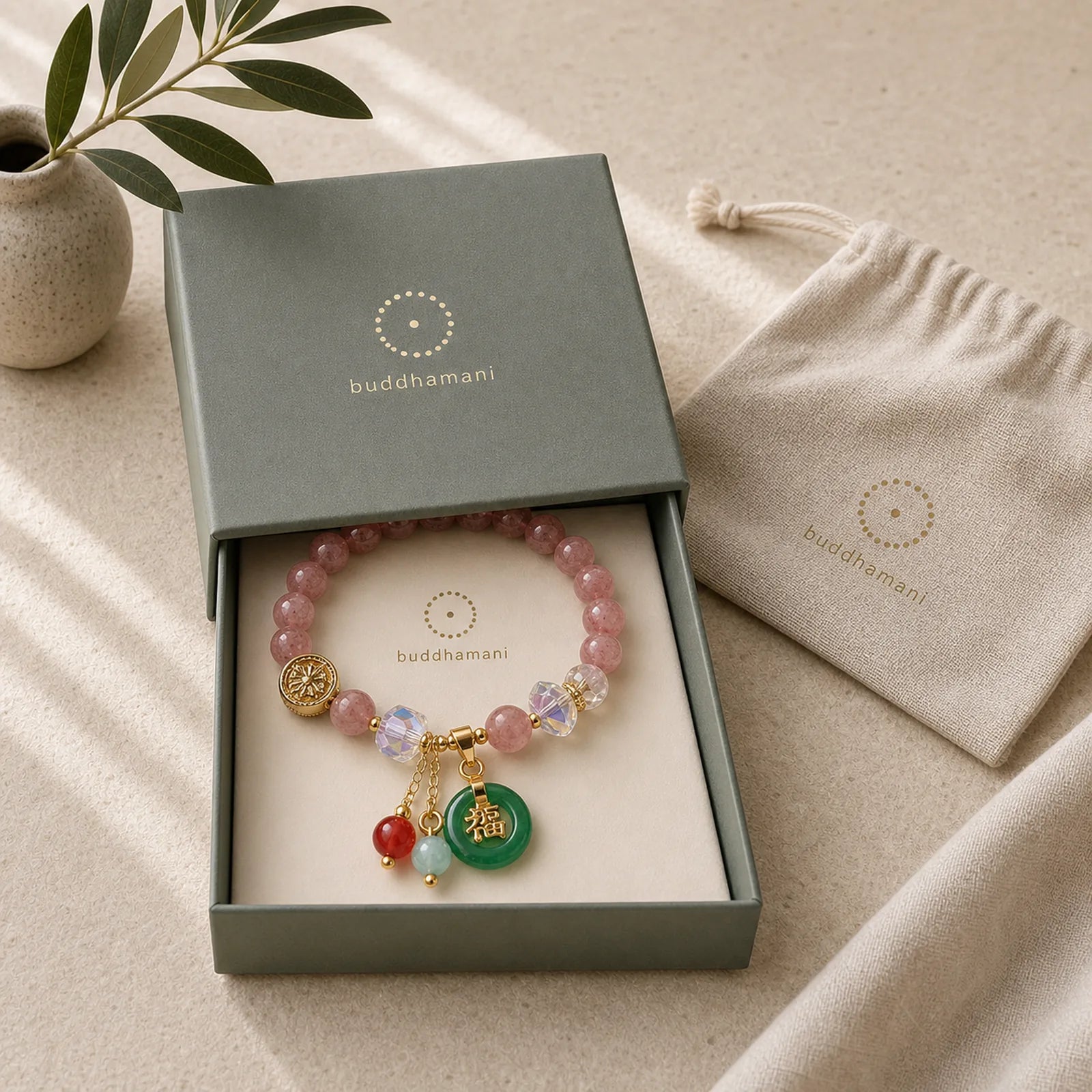 Strawberry Quartz Jade Fu Character Charm Healing Bracelet featuring Strawberry Quartz, Jade, Fu Character