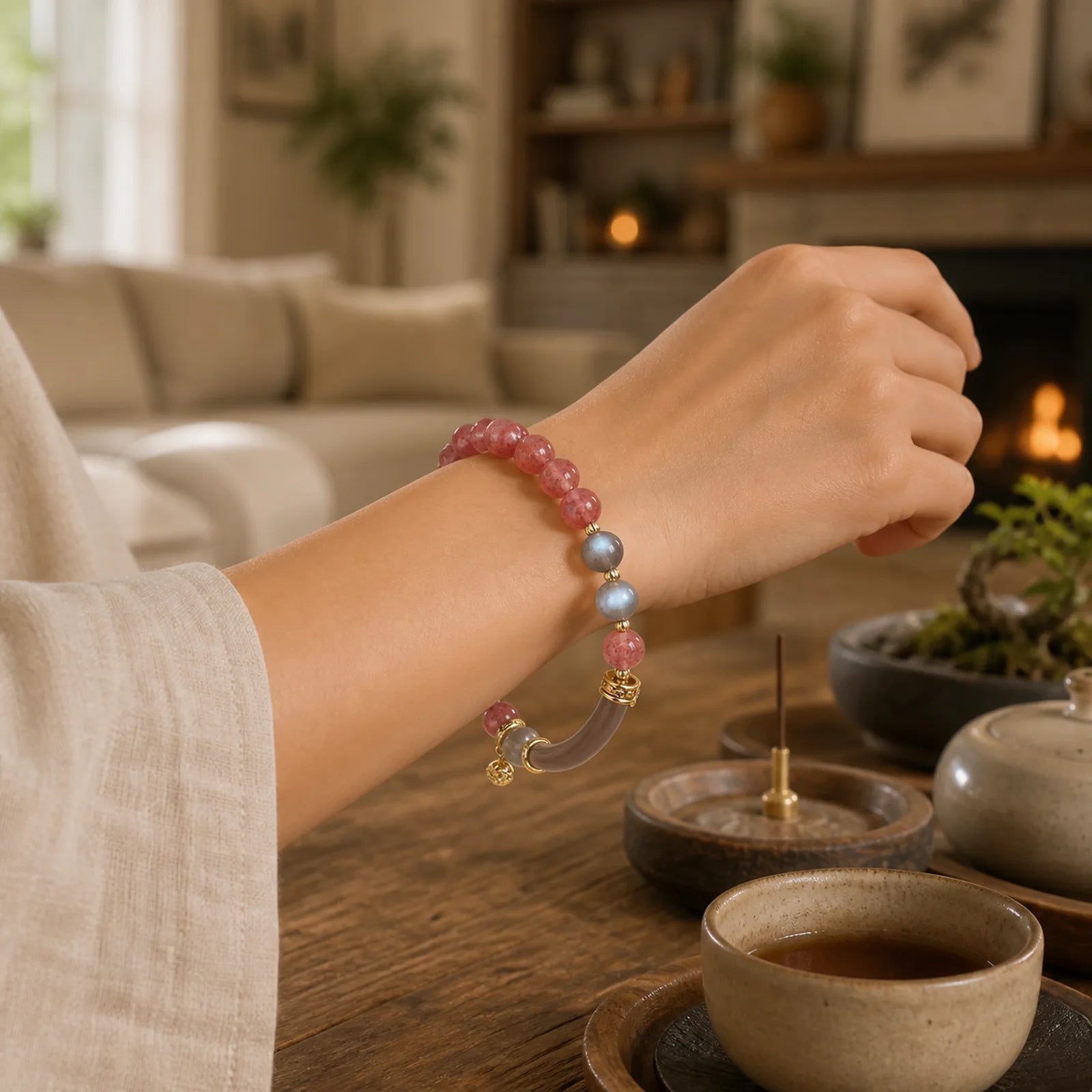 Strawberry Quartz Labradorite Fluorite Pearl Cuff Half Bracelet Bangle featuring Strawberry Quartz, Labradorite, Fluorite