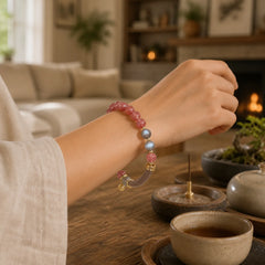 Strawberry Quartz Labradorite Fluorite Pearl Cuff Half Bracelet Bangle featuring Strawberry Quartz, Labradorite, Fluorite