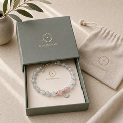 Strawberry Quartz Moonstone Luck Moon Charm Bracelet featuring Strawberry Quartz, Moonstone, Silver