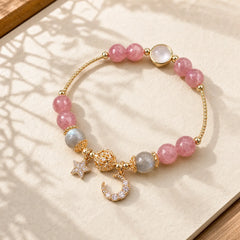 Strawberry Quartz Moonstone Moon Star Love Bracelet featuring Strawberry Quartz, Moonstone, Cat's Eye / Chrysoberyl