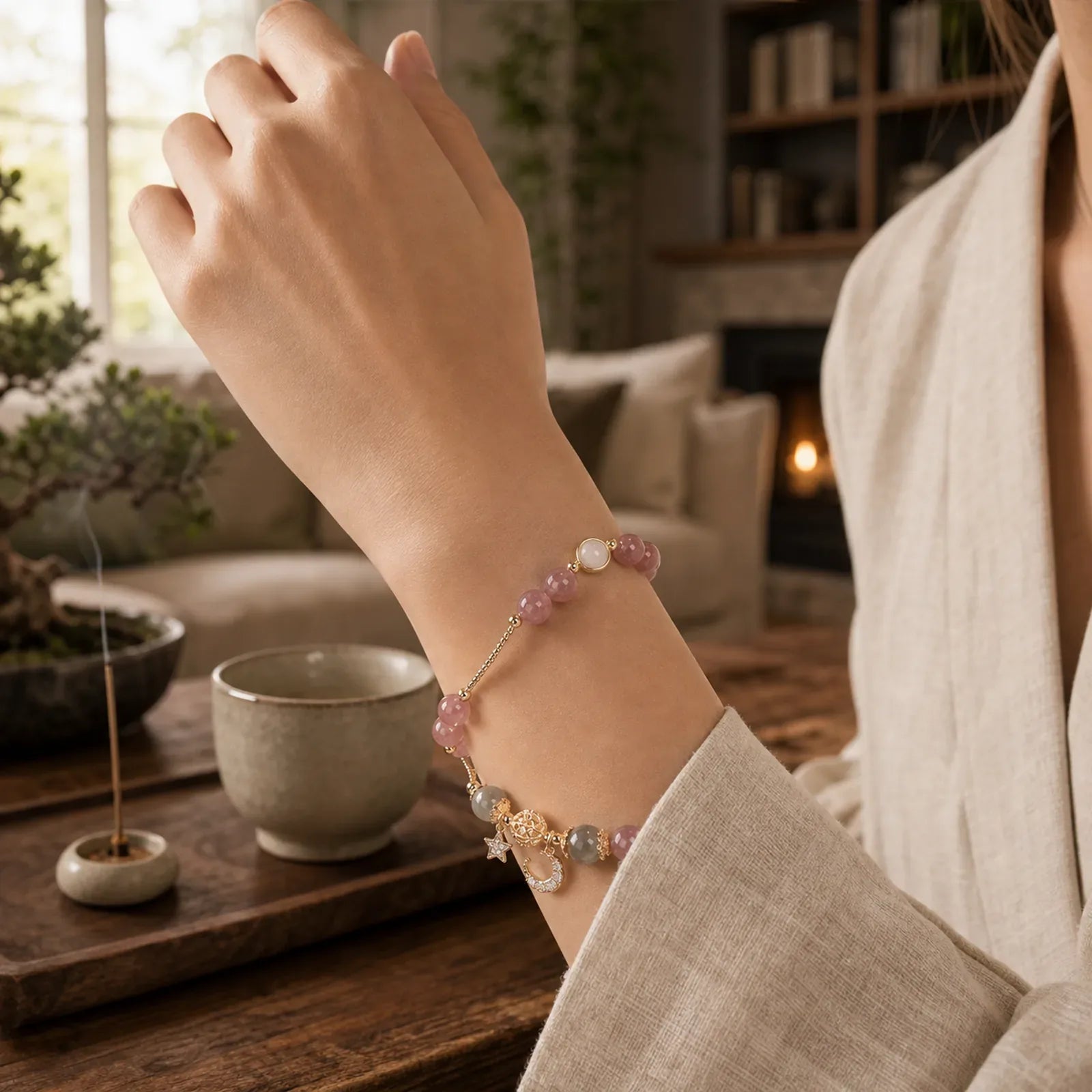 Strawberry Quartz Moonstone Moon Star Love Bracelet featuring Strawberry Quartz, Moonstone, Cat's Eye / Chrysoberyl