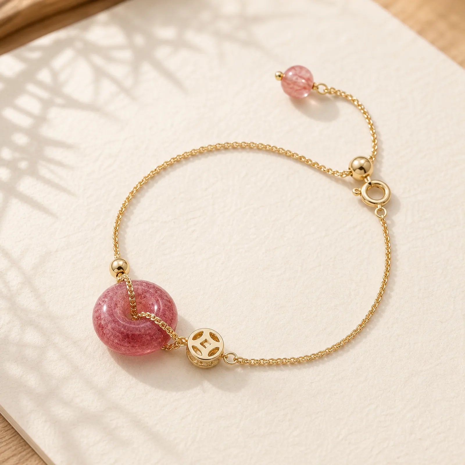 Strawberry Quartz Peace Buckle Coin Love Bracelet featuring Strawberry Quartz, Peace Buckle