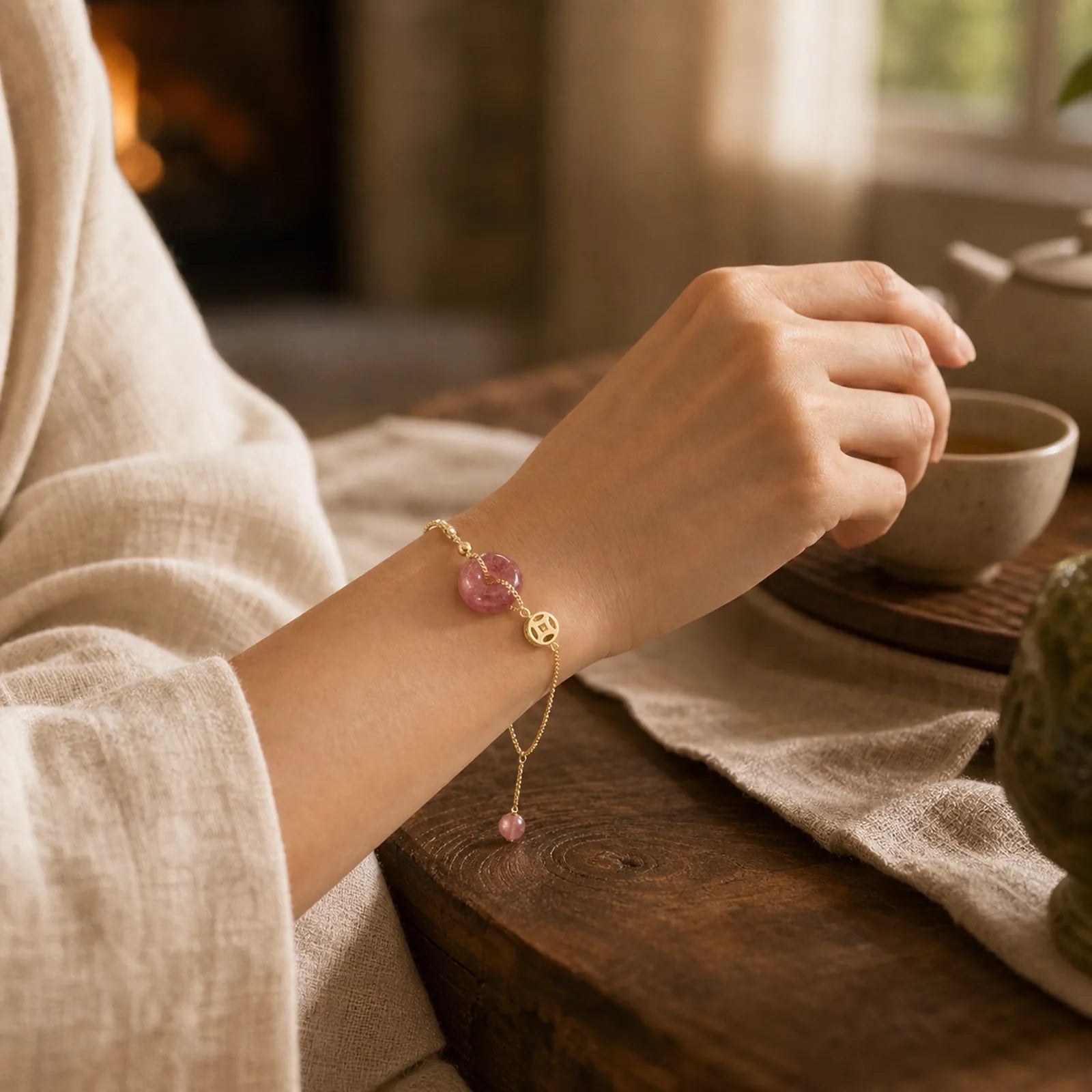 Strawberry Quartz Peace Buckle Coin Love Bracelet featuring Strawberry Quartz, Peace Buckle