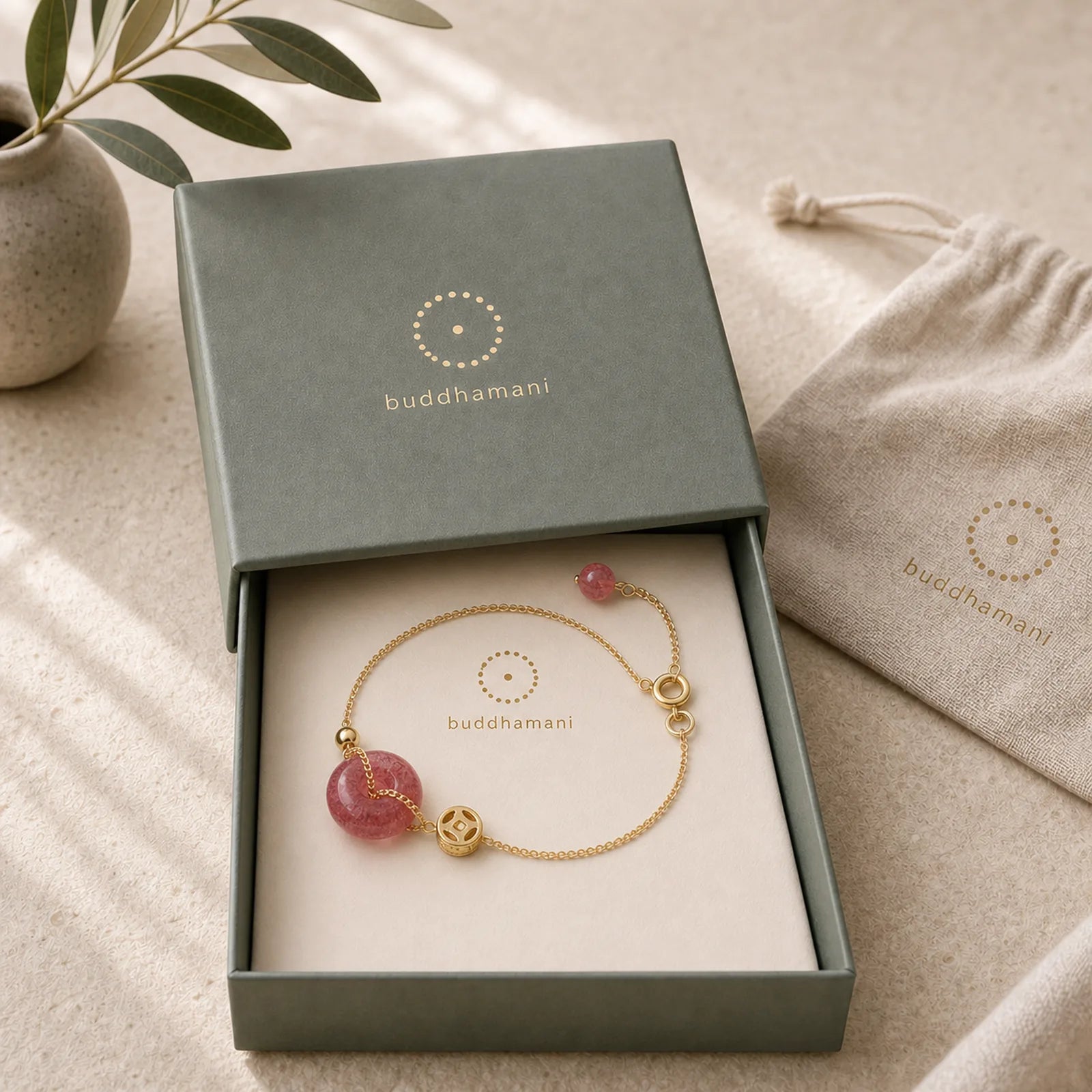 Strawberry Quartz Peace Buckle Coin Love Bracelet featuring Strawberry Quartz, Peace Buckle