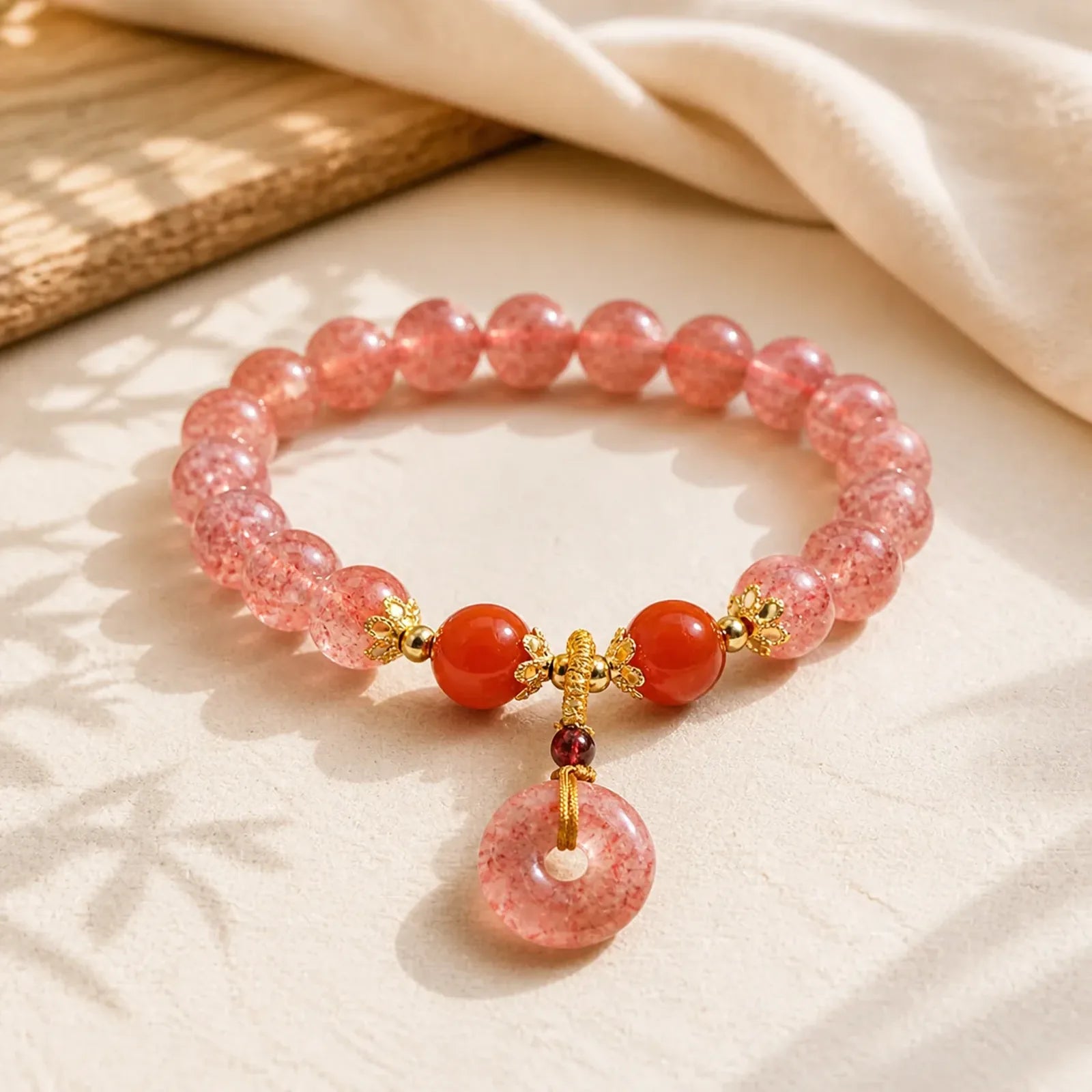 Strawberry Quartz Peace Buckle Love Round Beaded Bracelet featuring Strawberry Quartz, Peace Buckle, Copper