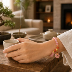 Strawberry Quartz Peace Buckle Love Round Beaded Bracelet featuring Strawberry Quartz, Peace Buckle, Copper