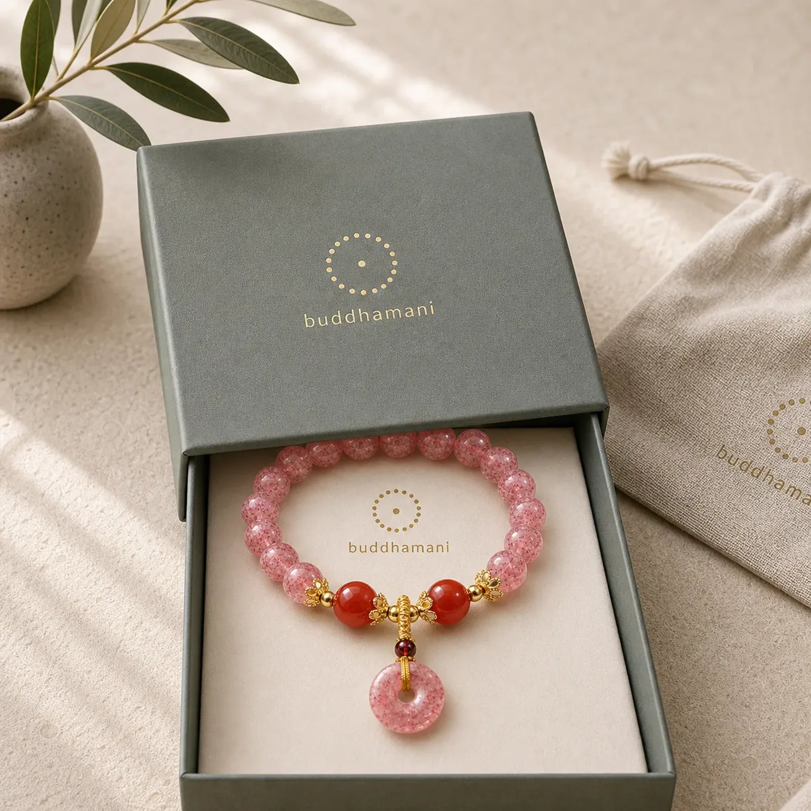 Strawberry Quartz Peace Buckle Love Round Beaded Bracelet featuring Strawberry Quartz, Peace Buckle, Copper