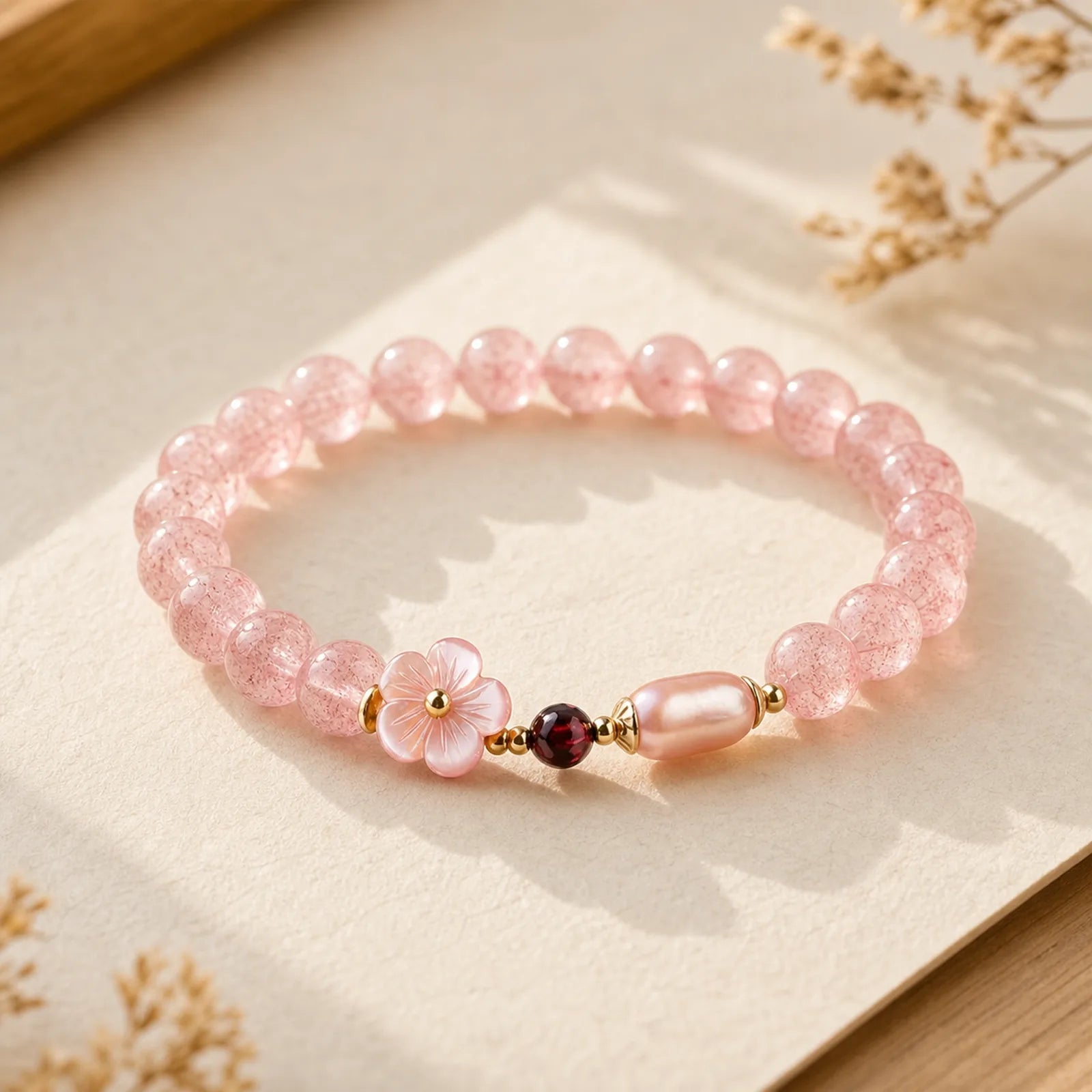 Strawberry Quartz Peach Blossom Love Bracelet featuring Strawberry Quartz