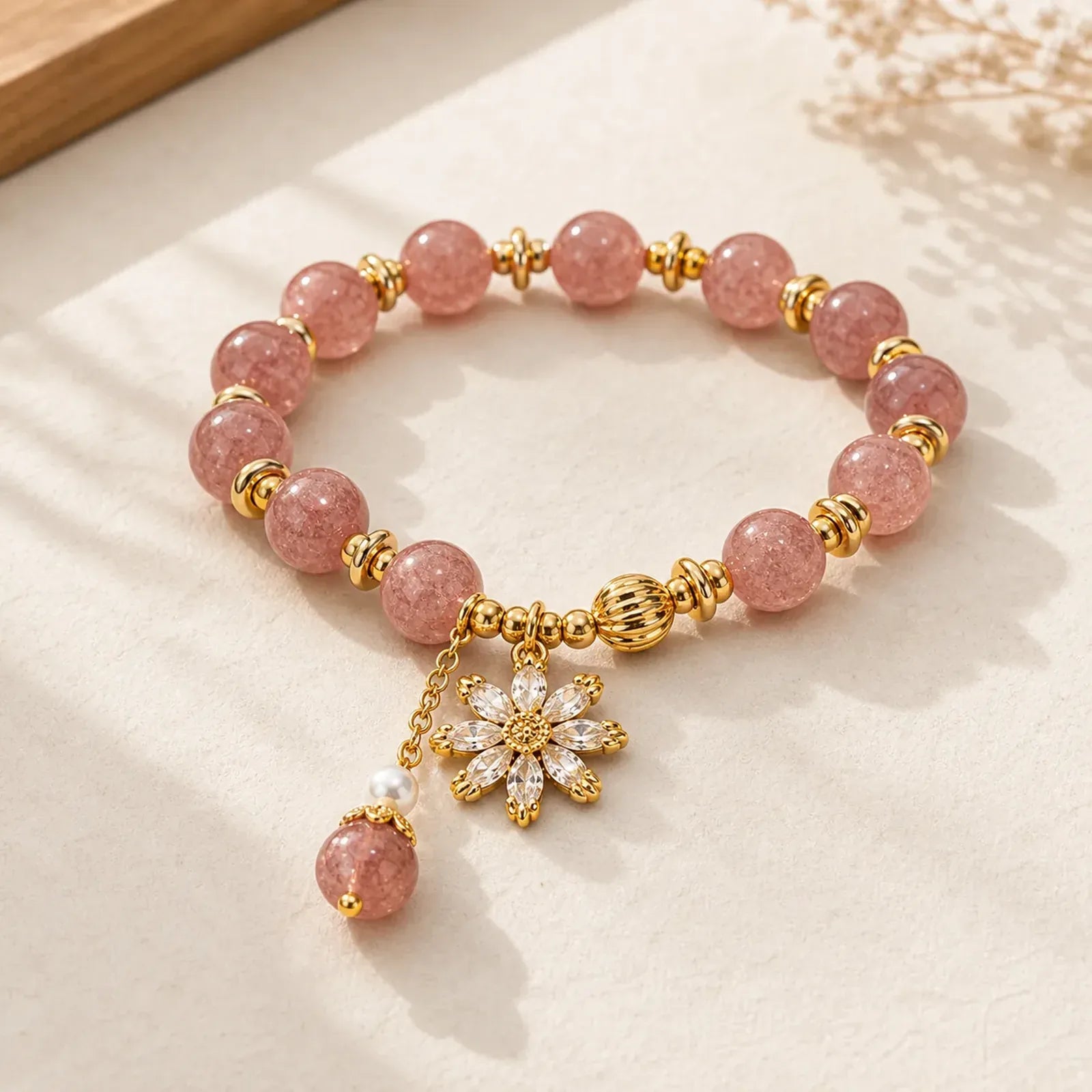 Strawberry Quartz Pearl Daisy Love Bracelet featuring Strawberry Quartz, Pearl, Copper