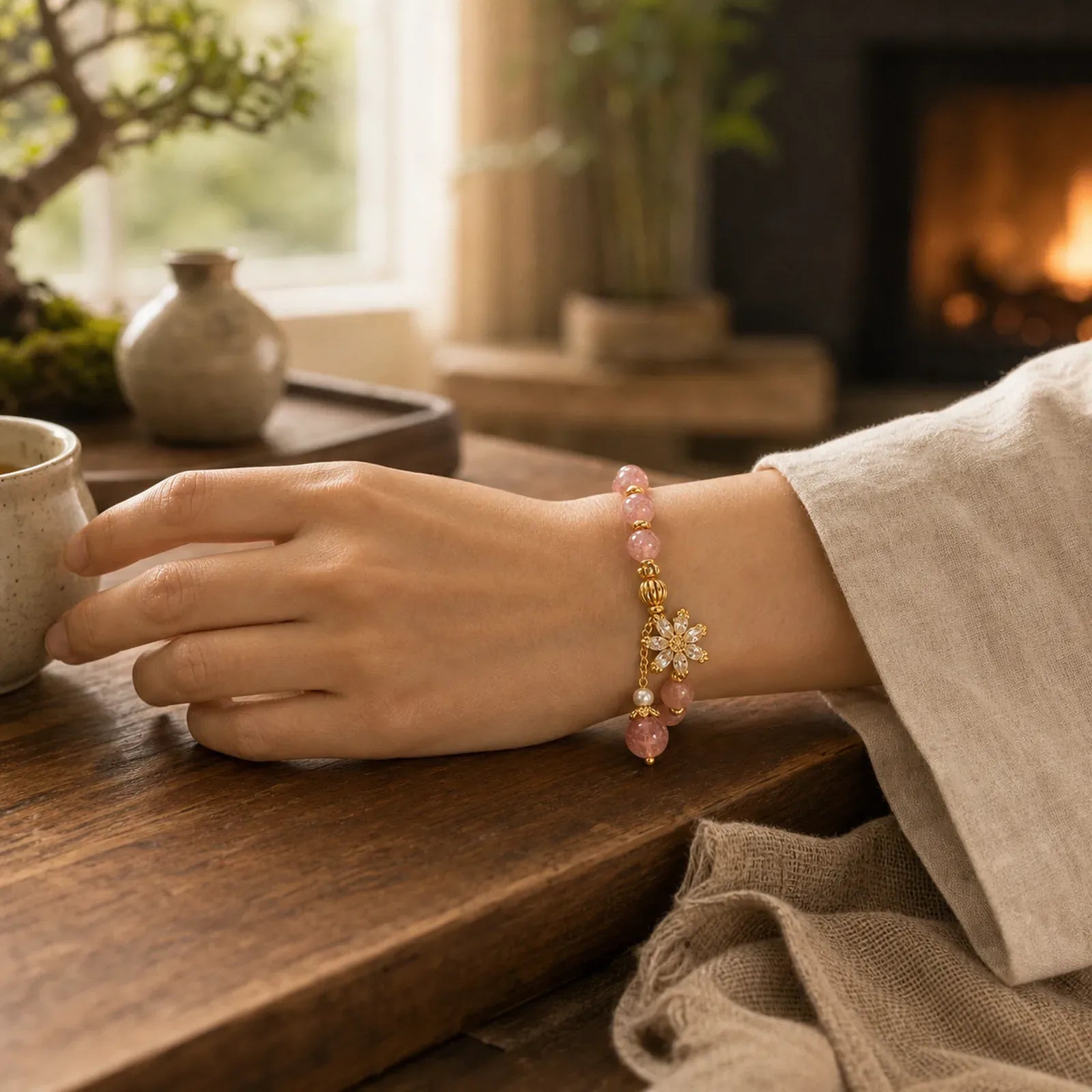 Strawberry Quartz Pearl Daisy Love Bracelet featuring Strawberry Quartz, Pearl, Copper