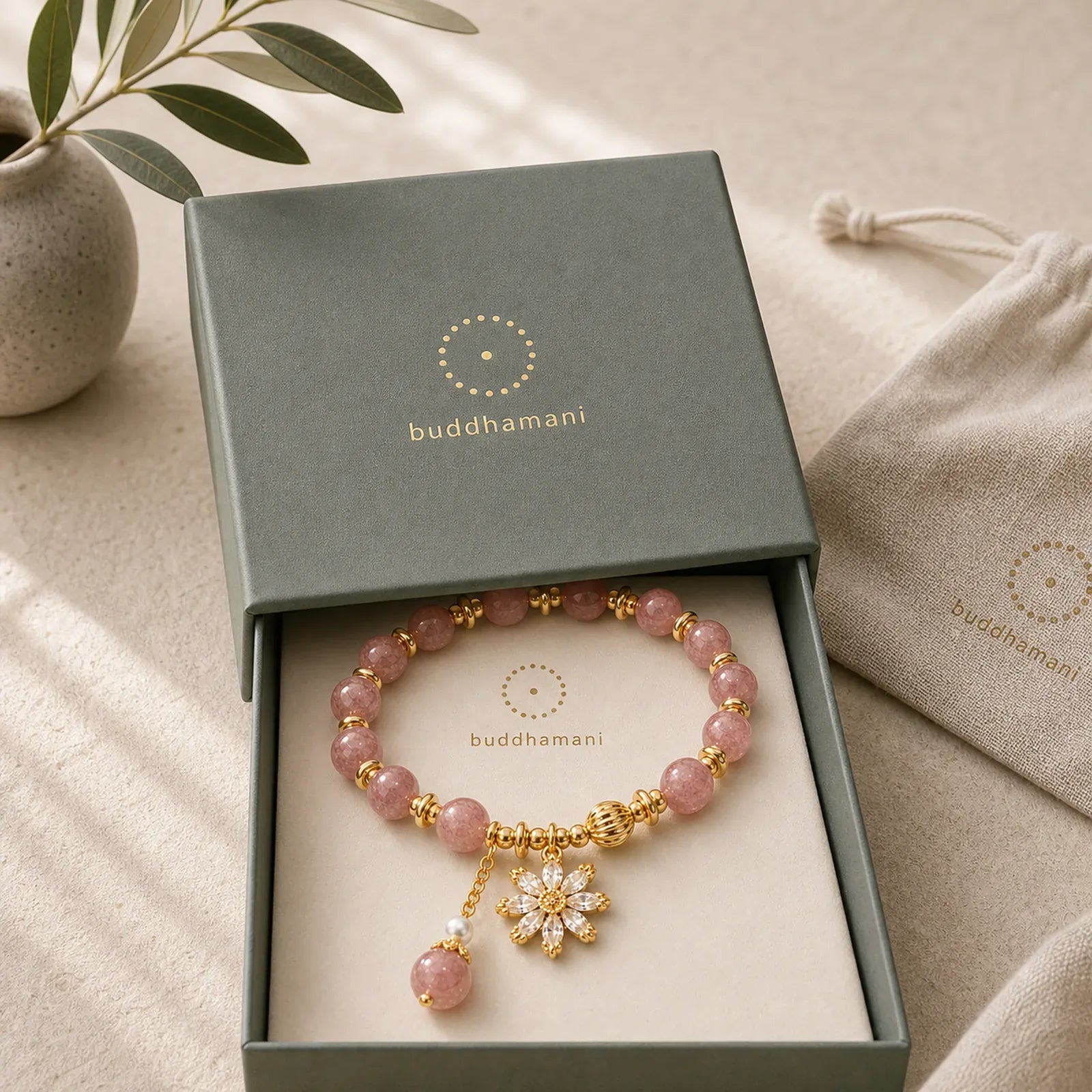 Strawberry Quartz Pearl Daisy Love Bracelet featuring Strawberry Quartz, Pearl, Copper