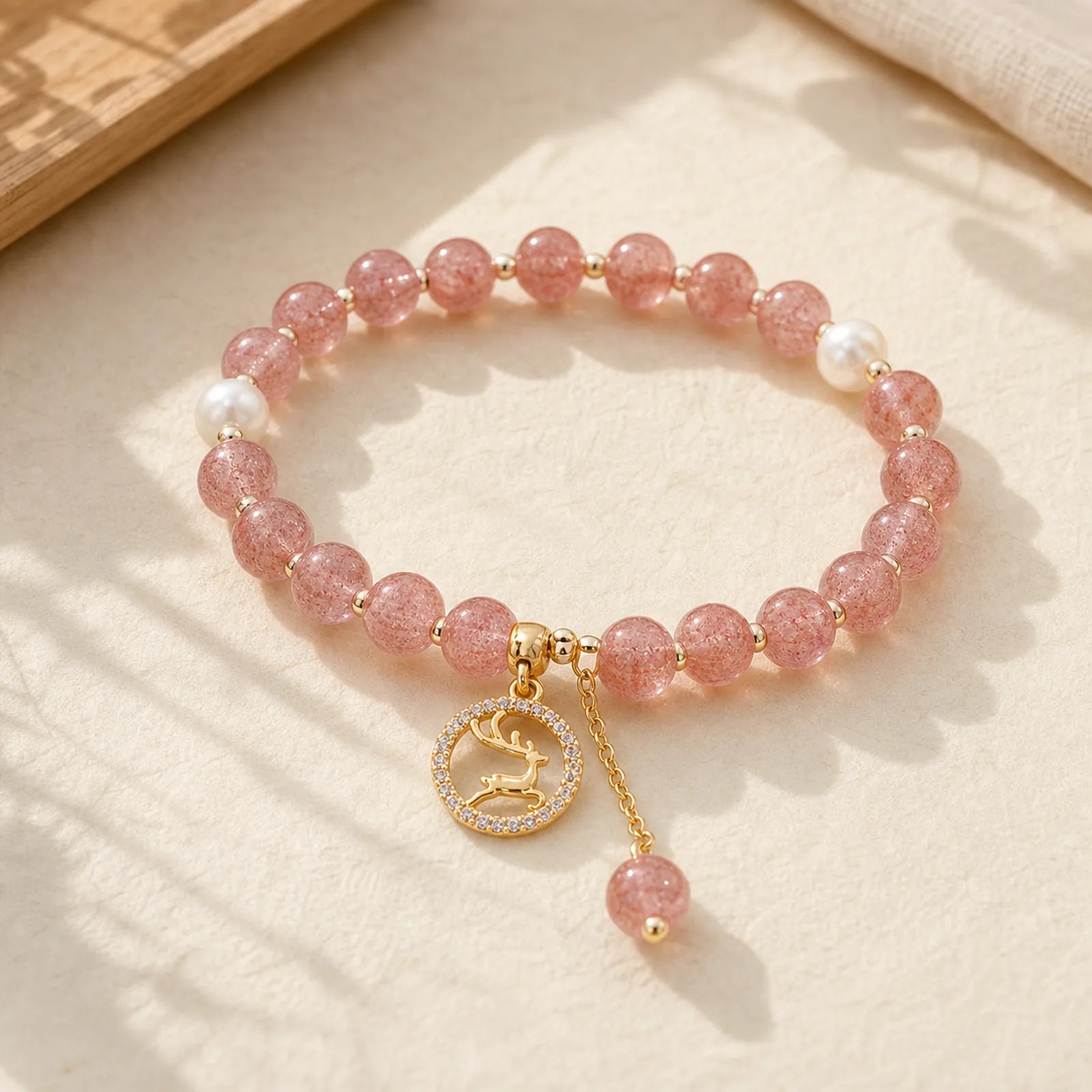 Strawberry Quartz Pearl Elk Smiley Face Fishtail Fu Character Charm Healing Bracelet featuring Strawberry Quartz, Pearl, Fu Character