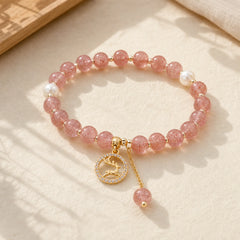Strawberry Quartz Pearl Elk Smiley Face Fishtail Fu Character Charm Healing Bracelet featuring Strawberry Quartz, Pearl, Fu Character