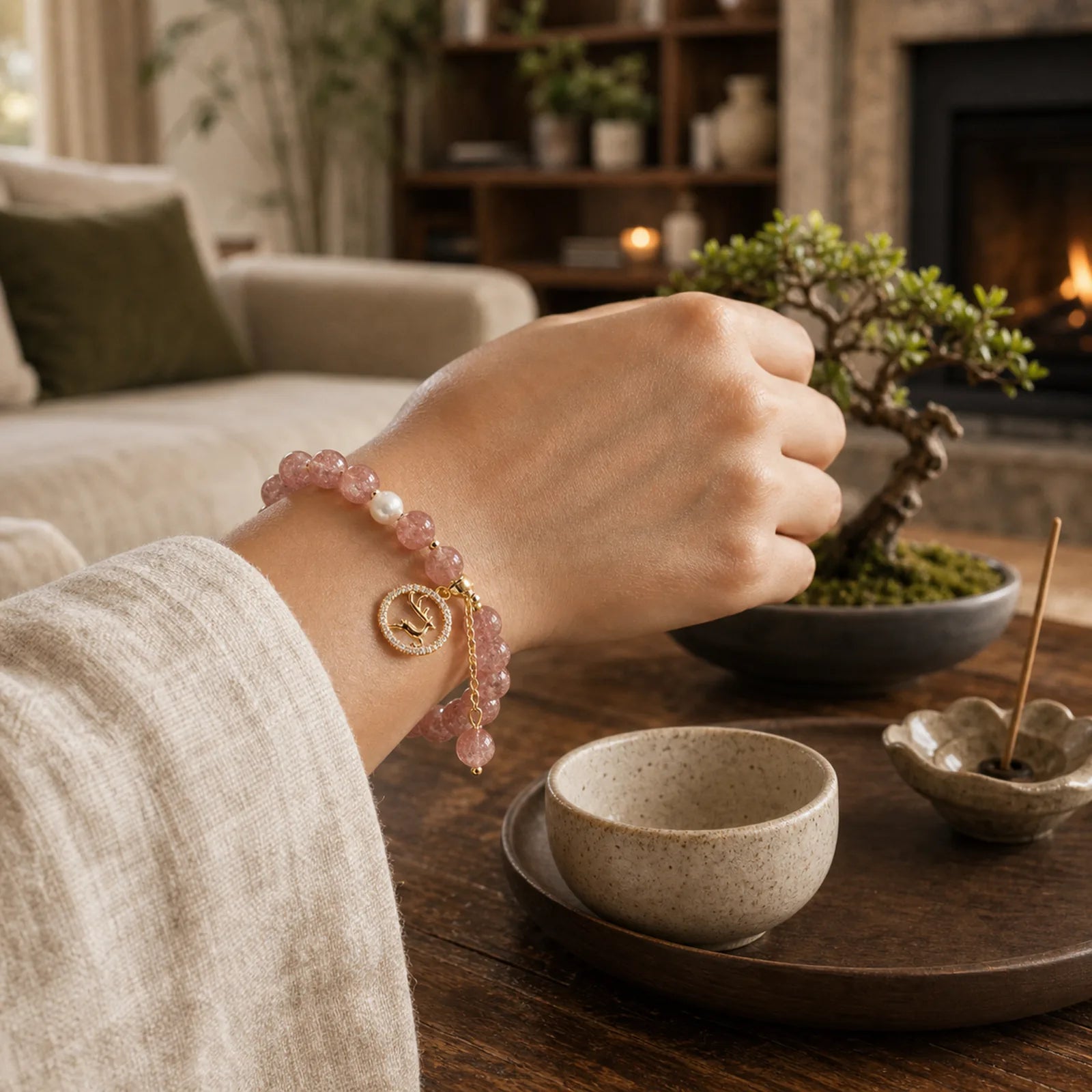Strawberry Quartz Pearl Elk Smiley Face Fishtail Fu Character Charm Healing Bracelet featuring Strawberry Quartz, Pearl, Fu Character