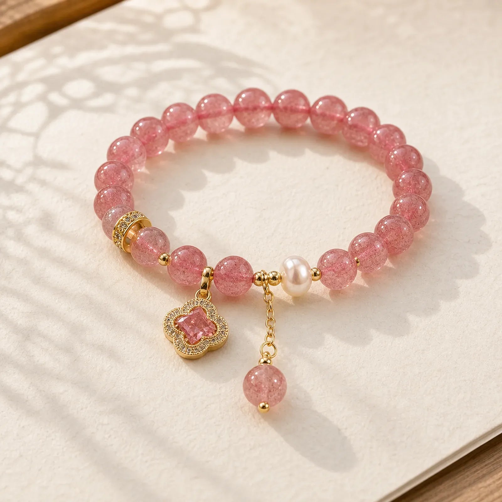 Strawberry Quartz Pearl Four Leaf Clover Charm Healing Bracelet featuring Strawberry Quartz, Pearl