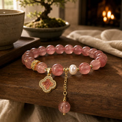 Strawberry Quartz Pearl Four Leaf Clover Charm Healing Bracelet featuring Strawberry Quartz, Pearl