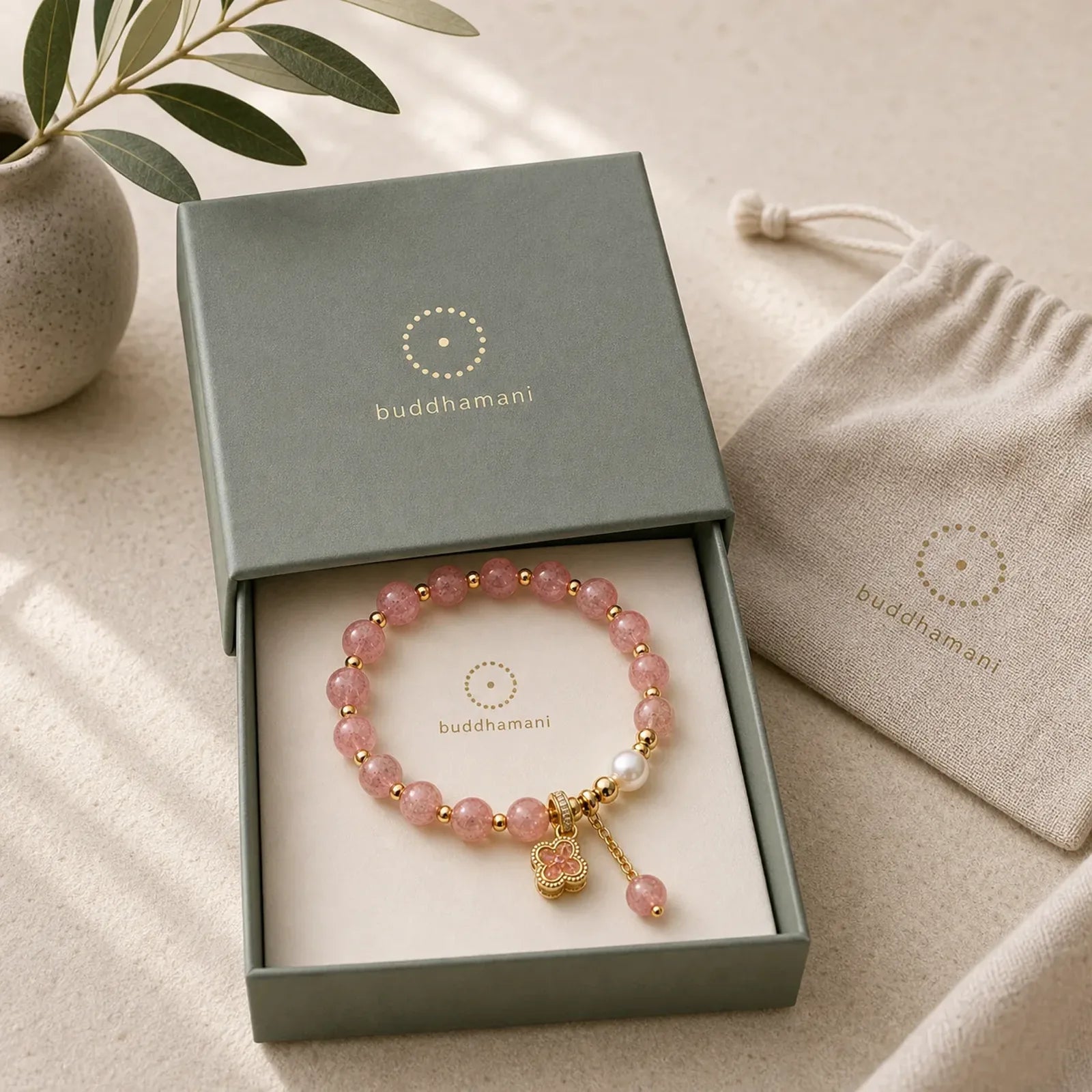Strawberry Quartz Pearl Four Leaf Clover Charm Healing Bracelet featuring Strawberry Quartz, Pearl