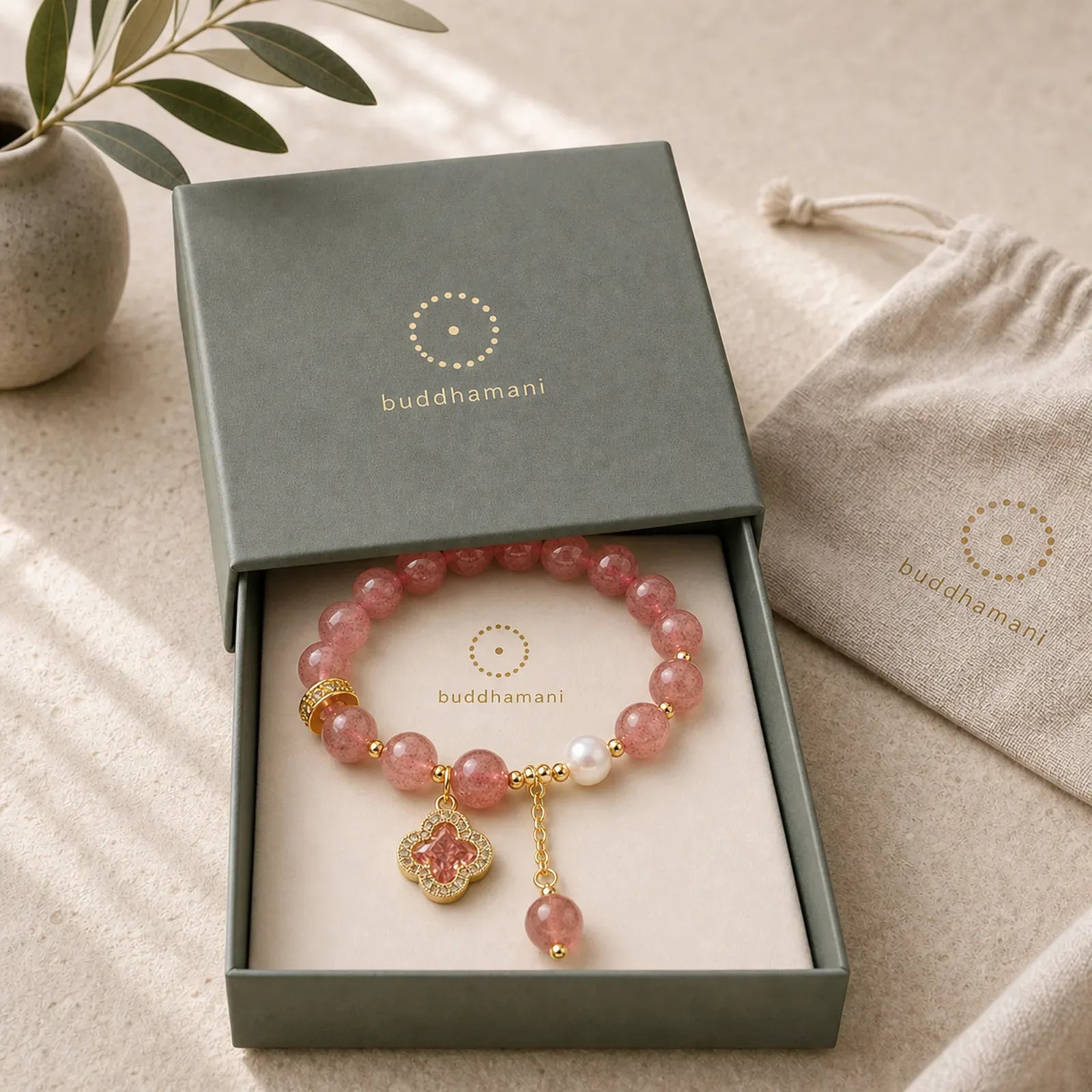 Strawberry Quartz Pearl Four Leaf Clover Charm Healing Bracelet featuring Strawberry Quartz, Pearl