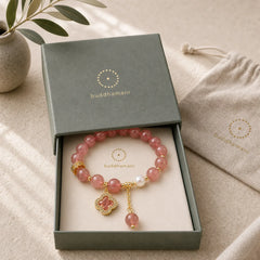 Strawberry Quartz Pearl Four Leaf Clover Charm Healing Bracelet featuring Strawberry Quartz, Pearl