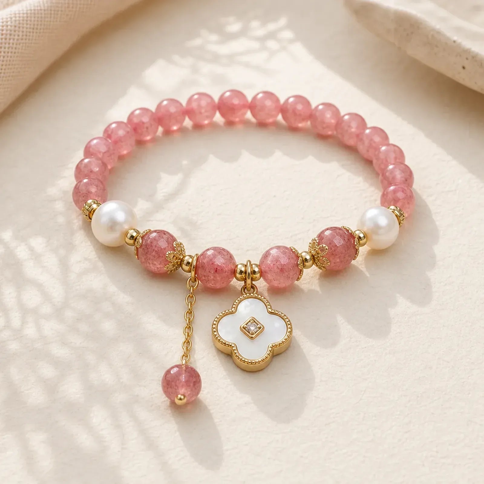 Strawberry Quartz Pearl Shell Four-Leaf Clover Love Round Bead Bracelet featuring Strawberry Quartz, Pearl, Copper