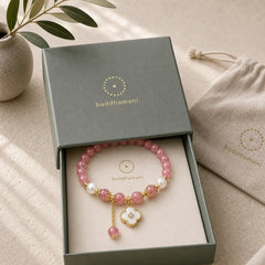 Strawberry Quartz Pearl Shell Four-Leaf Clover Love Round Bead Bracelet featuring Strawberry Quartz, Pearl, Copper