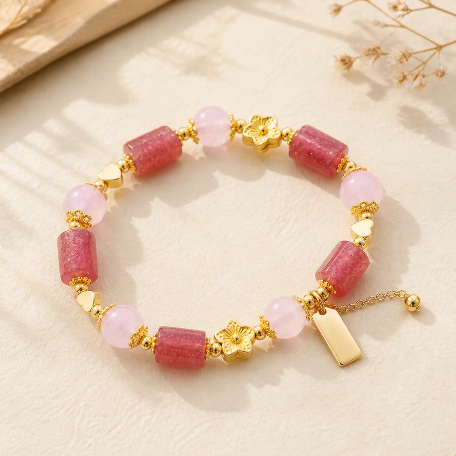Strawberry Quartz Pink Crystal Love Heart Flower Positive Bracelet featuring Strawberry Quartz, Pink Crystal, Rose Quartz