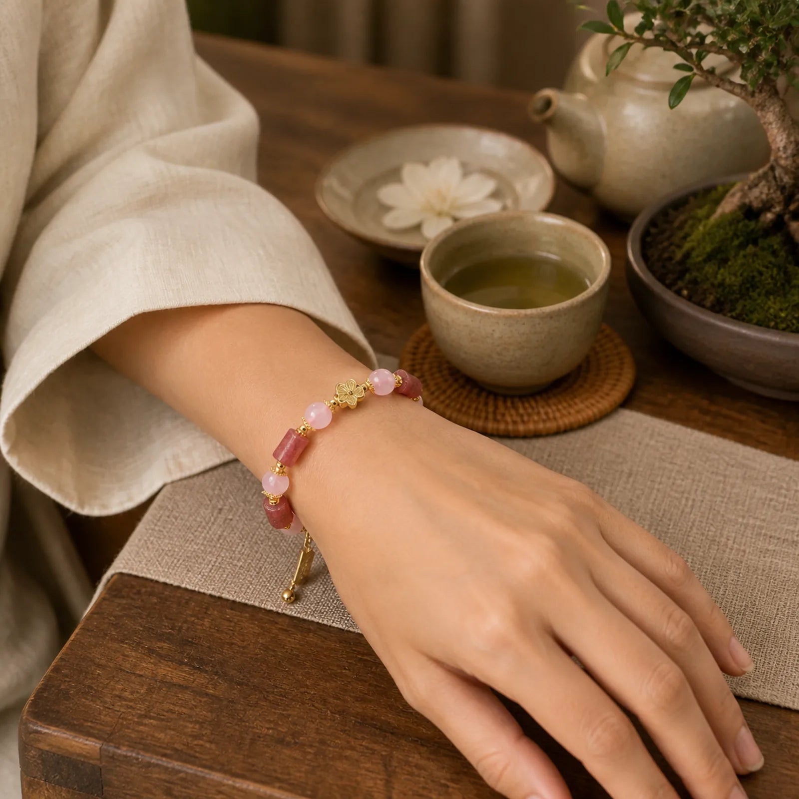 Strawberry Quartz Pink Crystal Love Heart Flower Positive Bracelet featuring Strawberry Quartz, Pink Crystal, Rose Quartz