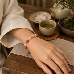 Strawberry Quartz Pink Crystal Love Heart Flower Positive Bracelet featuring Strawberry Quartz, Pink Crystal, Rose Quartz