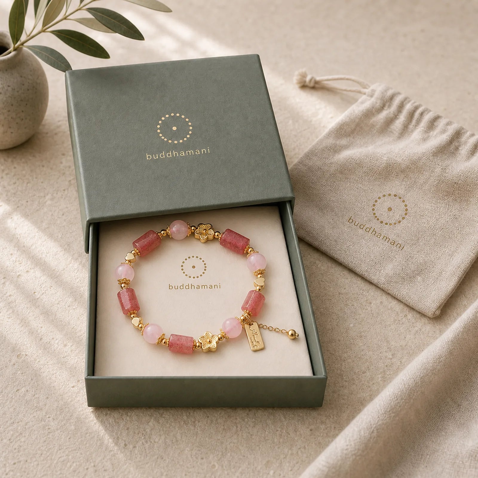 Strawberry Quartz Pink Crystal Love Heart Flower Positive Bracelet featuring Strawberry Quartz, Pink Crystal, Rose Quartz