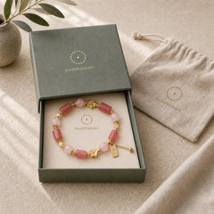 Strawberry Quartz Pink Crystal Love Heart Flower Positive Bracelet featuring Strawberry Quartz, Pink Crystal, Rose Quartz
