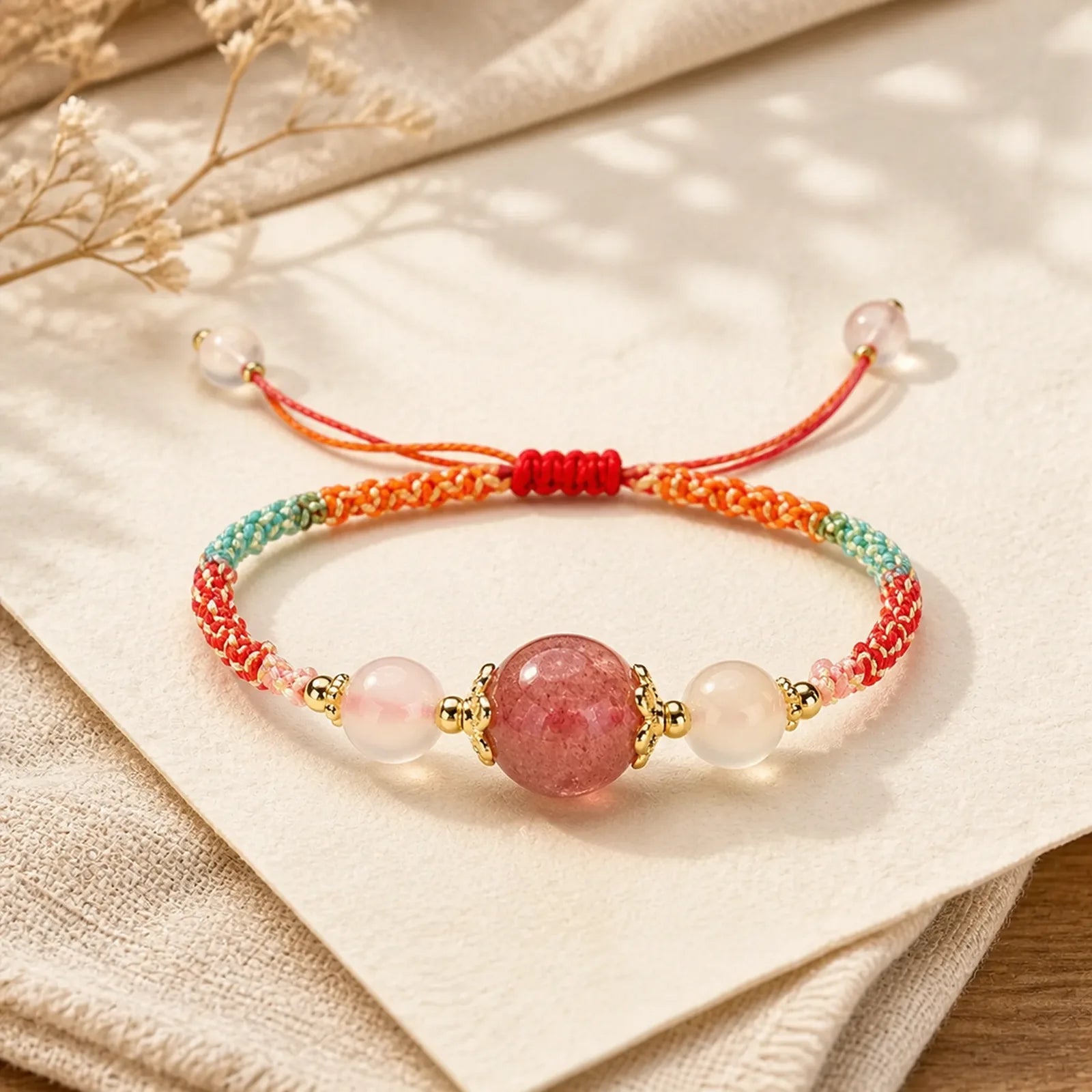 Strawberry Quartz Pink Crystal Prehnite White Agate Bead Healing Rope Bracelet featuring Strawberry Quartz, Pink Crystal, White Agate