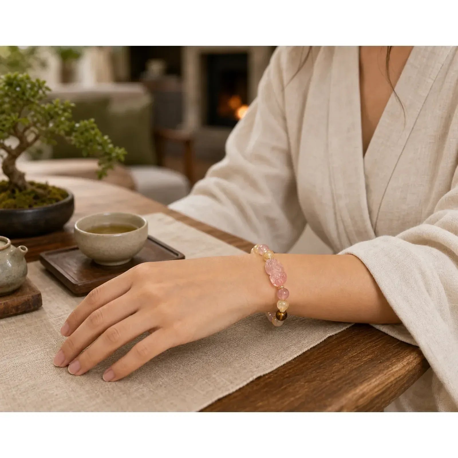 Strawberry Quartz Pixiu Rutilated Quartz Beads Healing Bracelet featuring Strawberry Quartz, Pixiu, Rutilated Quartz