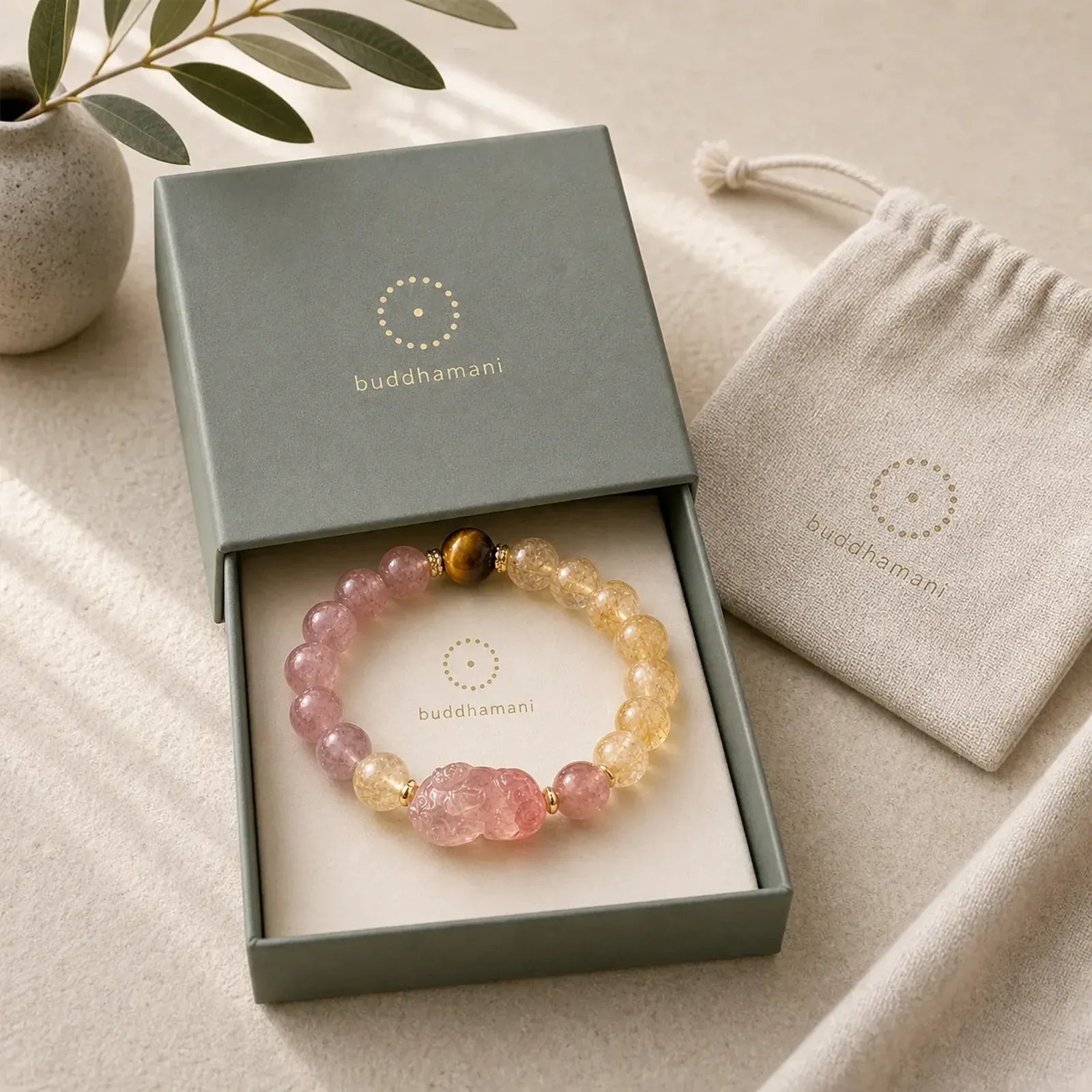 Strawberry Quartz Pixiu Rutilated Quartz Beads Healing Bracelet featuring Strawberry Quartz, Pixiu, Rutilated Quartz