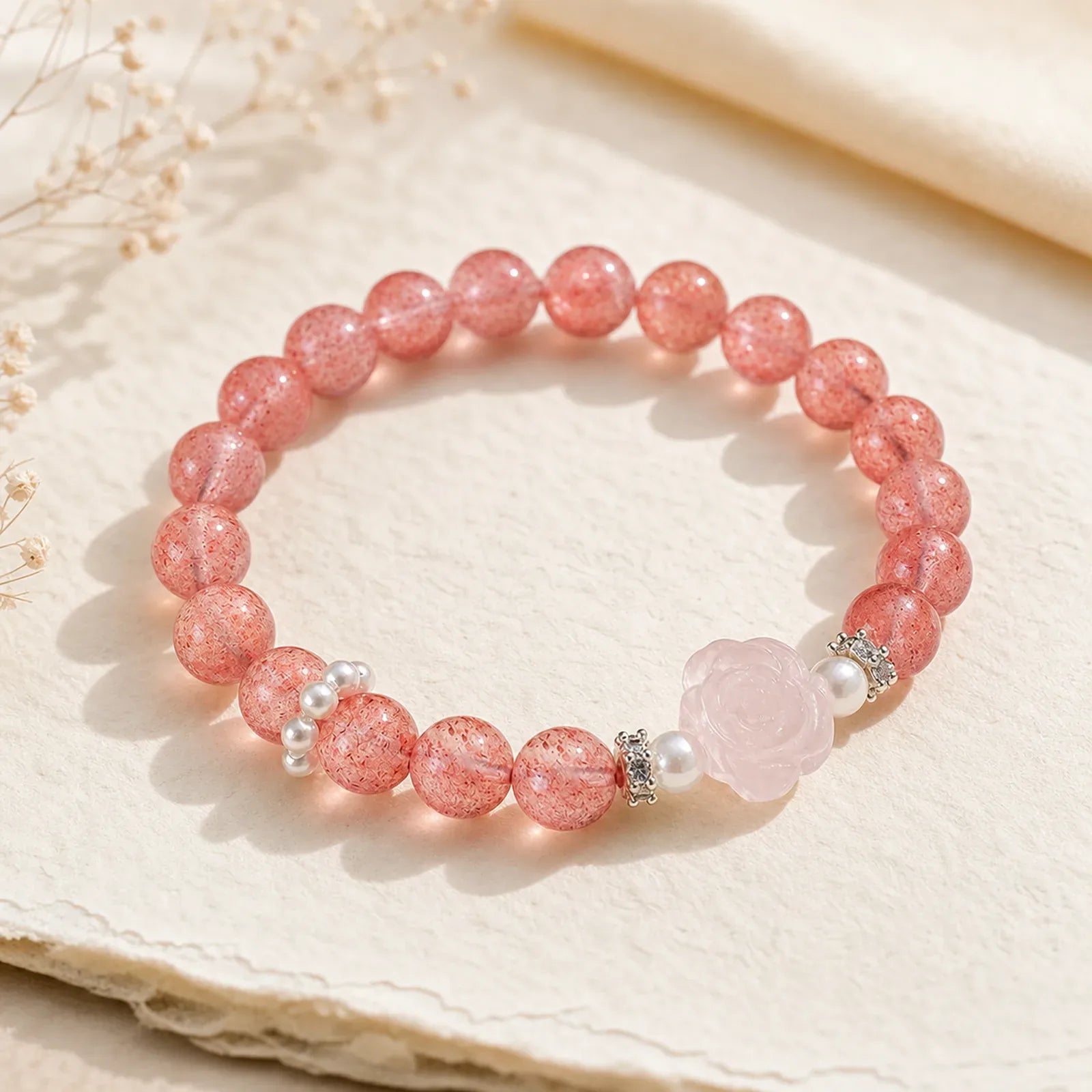 Strawberry Quartz Rose Beaded Love Bracelet featuring Strawberry Quartz