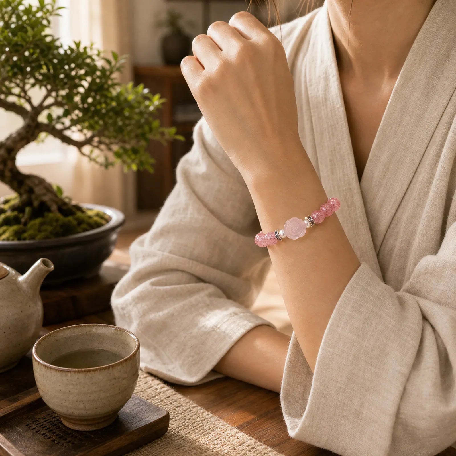 Strawberry Quartz Rose Beaded Love Bracelet featuring Strawberry Quartz