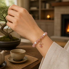 Strawberry Quartz Rutilated Quartz Fishtail Charm Healing Bracelet featuring Strawberry Quartz, Rutilated Quartz, Copper
