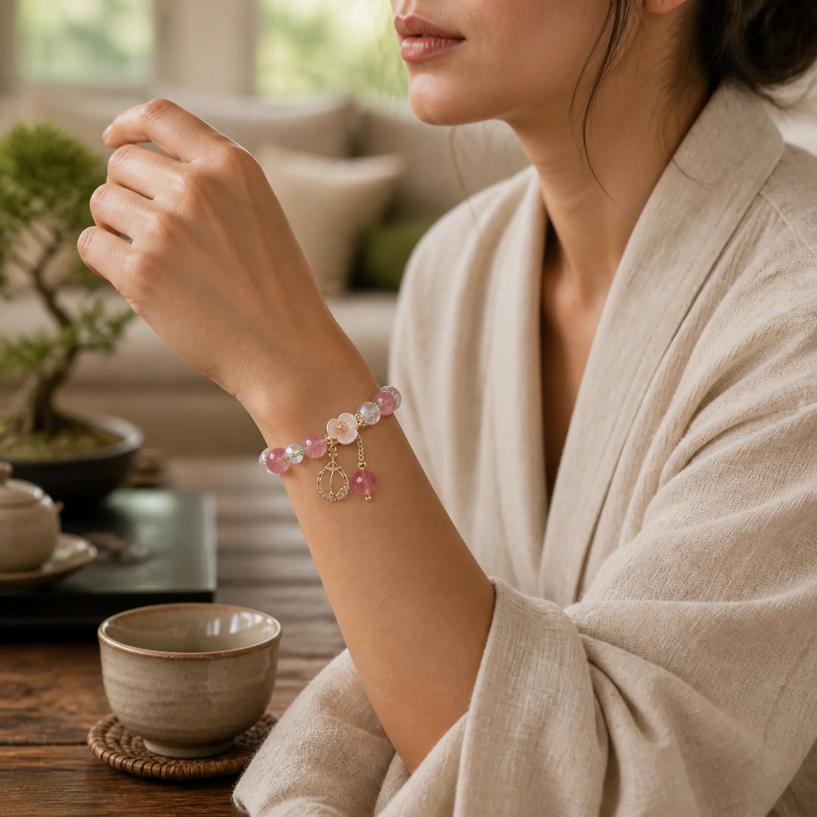 Strawberry Quartz Rutilated Quartz Fluorite Flower Healing Bracelet featuring Strawberry Quartz, Rutilated Quartz, Fluorite