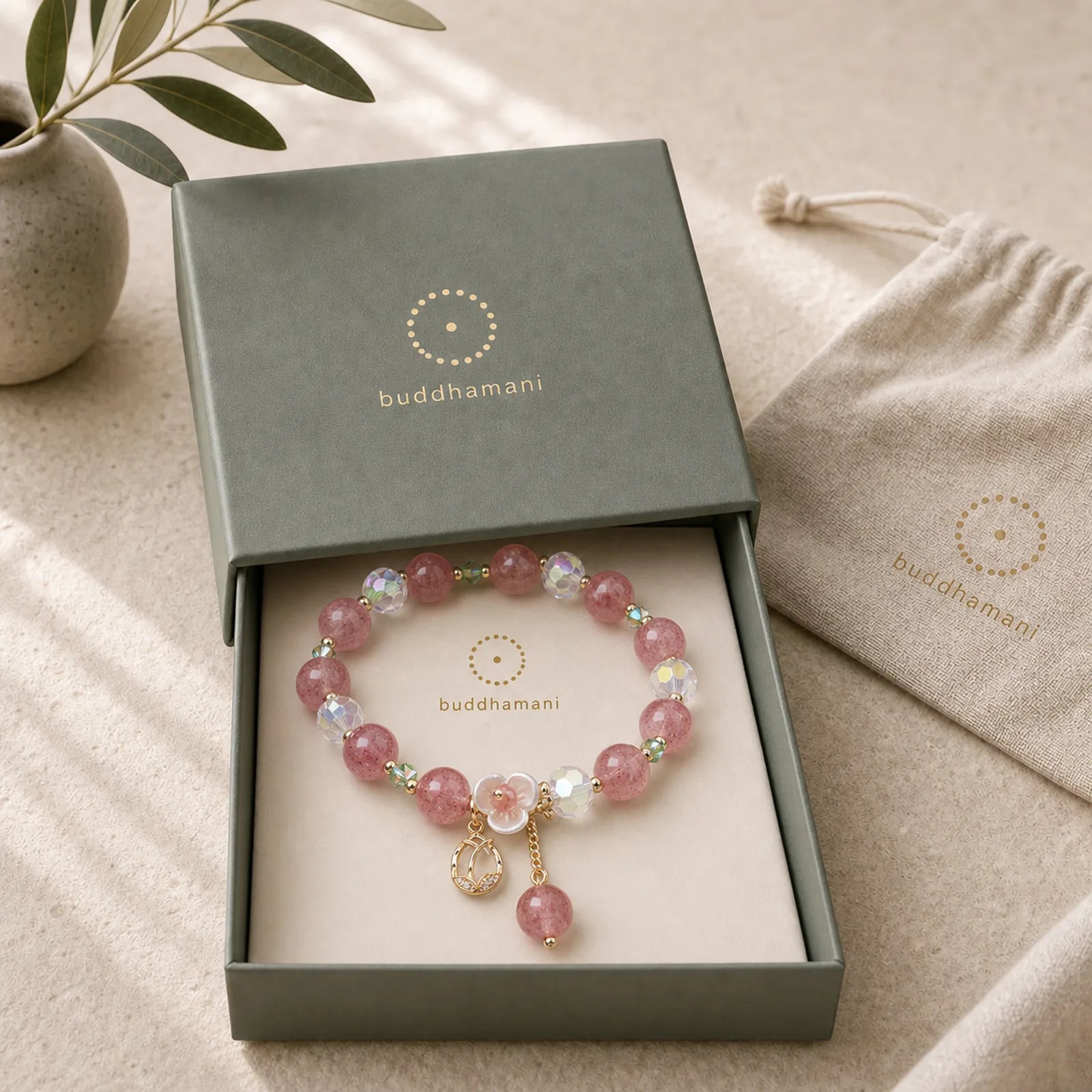 Strawberry Quartz Rutilated Quartz Fluorite Flower Healing Bracelet featuring Strawberry Quartz, Rutilated Quartz, Fluorite