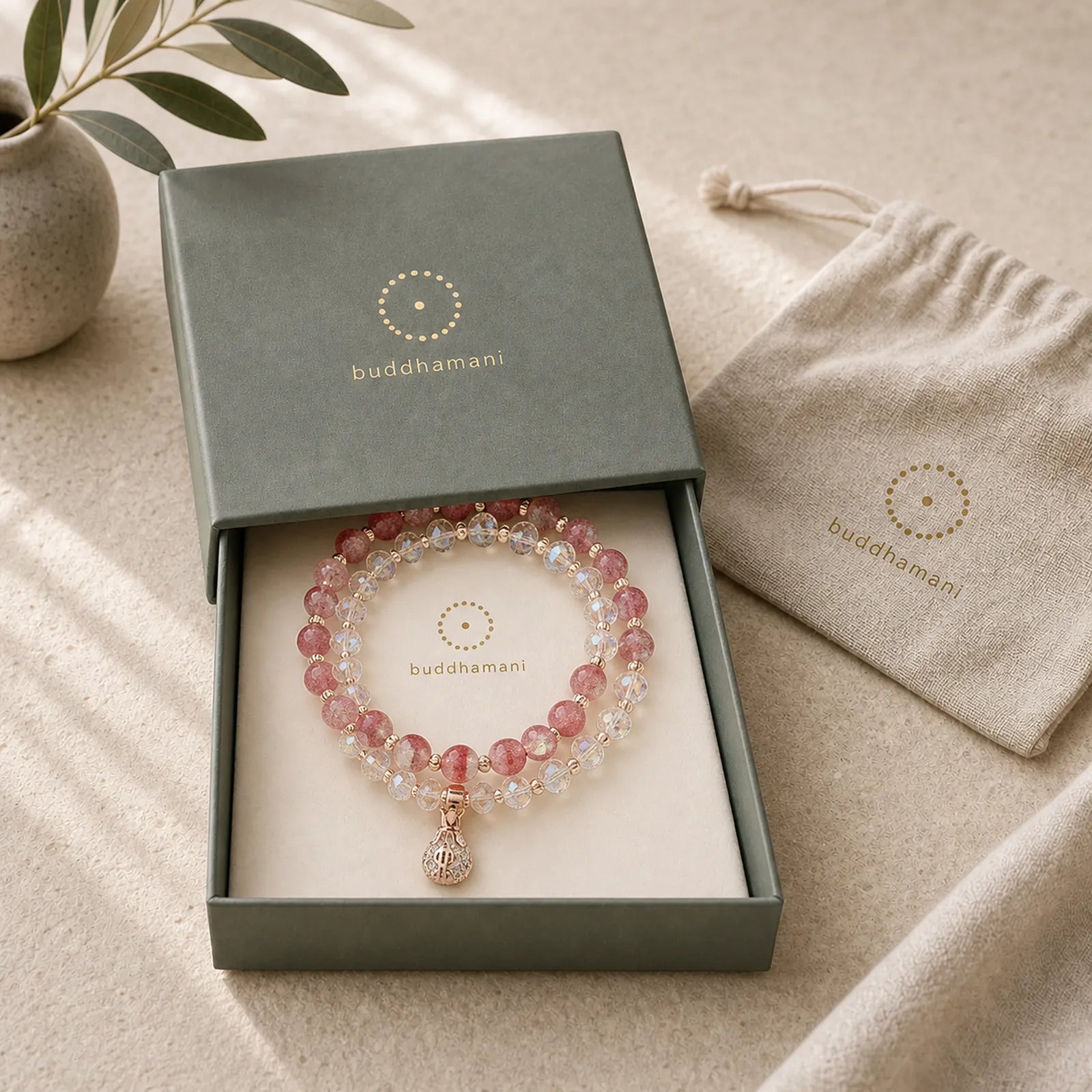 Strawberry Quartz White Crystal Money Bag Charm Positive Bracelet featuring Strawberry Quartz, Clear Quartz / White Crystal, Copper