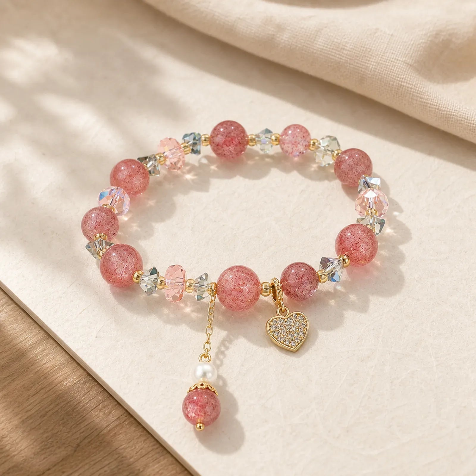 Strawberry Quartz White Crystal Pearl Liuli Heart Healing Bracelet featuring Strawberry Quartz, Clear Quartz / White Crystal, Pearl