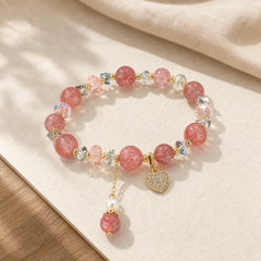 Strawberry Quartz White Crystal Pearl Liuli Heart Healing Bracelet featuring Strawberry Quartz, Clear Quartz / White Crystal, Pearl