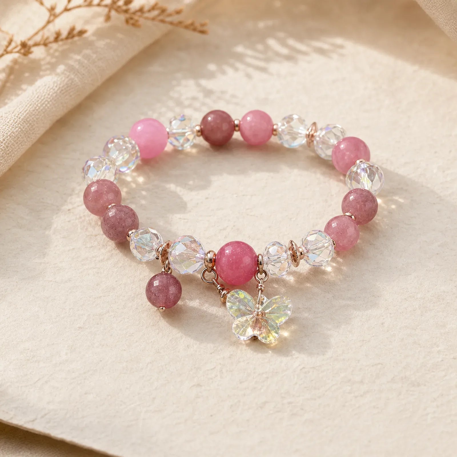 Strawberry Quartz White Crystal Pink Crystal Butterfly Love Bracelet featuring Strawberry Quartz, Clear Quartz / White Crystal, Pink Crystal