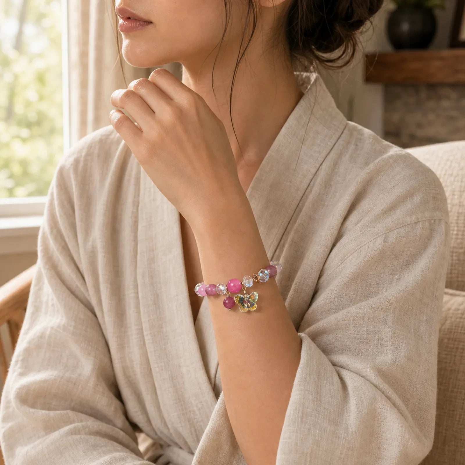 Strawberry Quartz White Crystal Pink Crystal Butterfly Love Bracelet featuring Strawberry Quartz, Clear Quartz / White Crystal, Pink Crystal