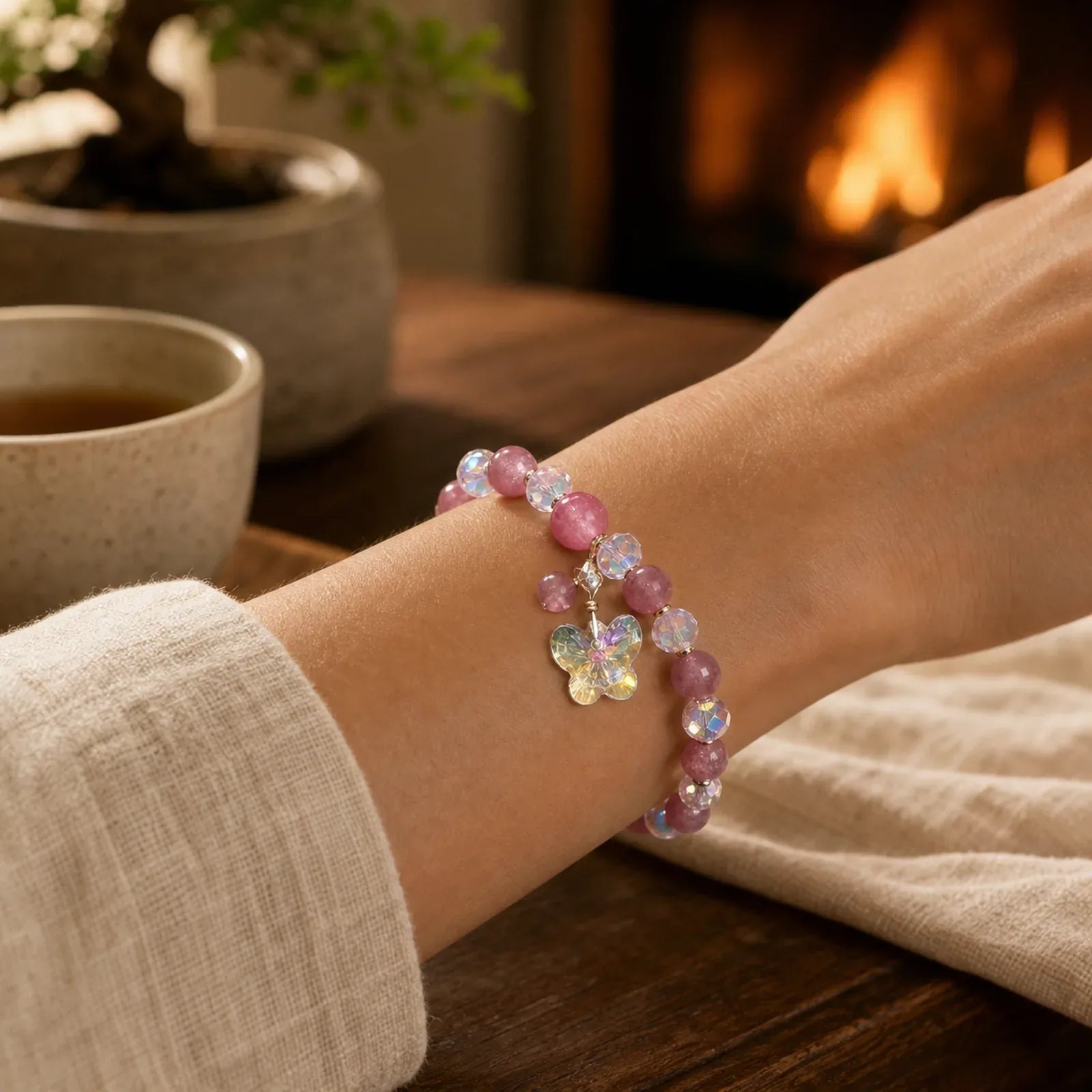 Strawberry Quartz White Crystal Pink Crystal Butterfly Love Bracelet featuring Strawberry Quartz, Clear Quartz / White Crystal, Pink Crystal