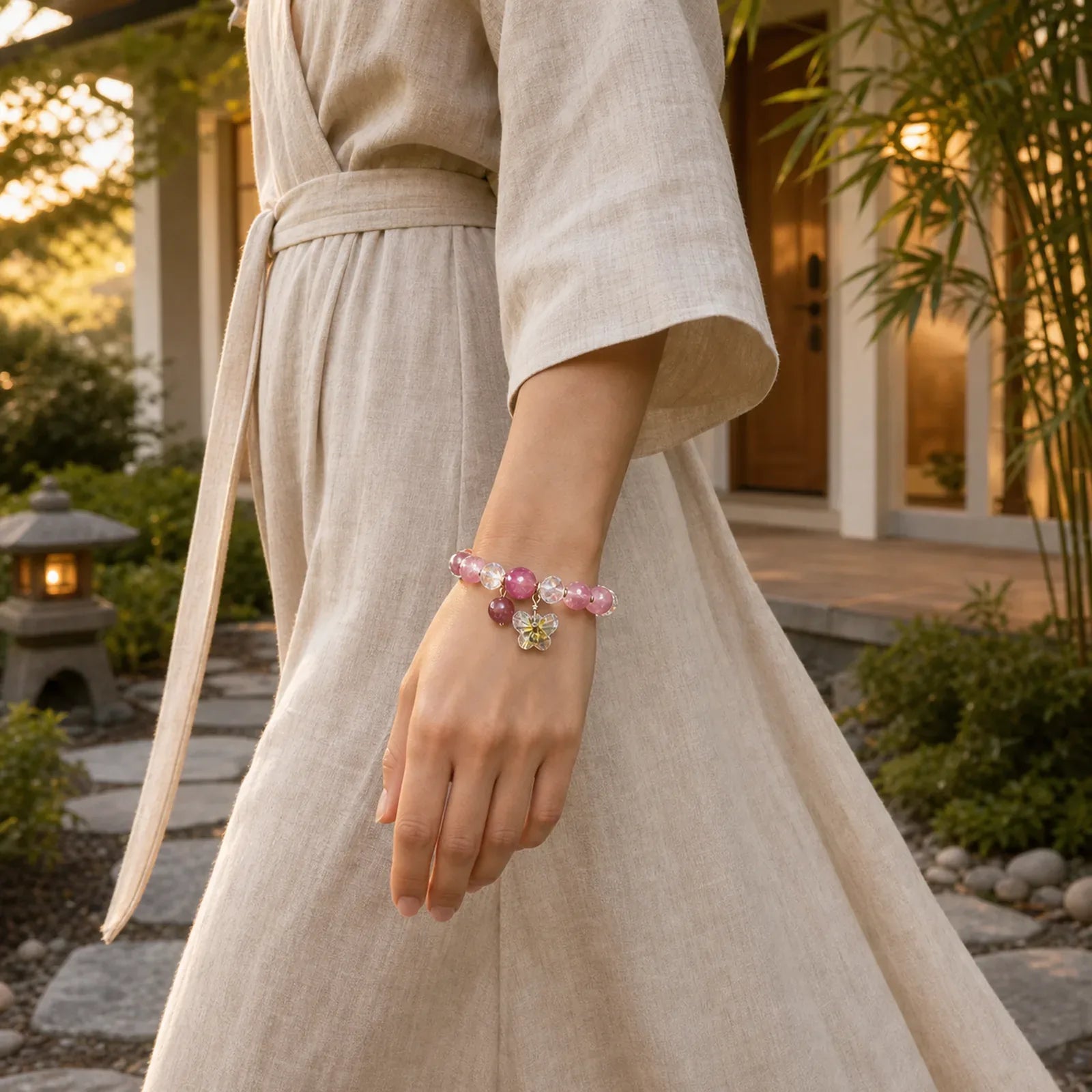 Strawberry Quartz White Crystal Pink Crystal Butterfly Love Bracelet featuring Strawberry Quartz, Clear Quartz / White Crystal, Pink Crystal