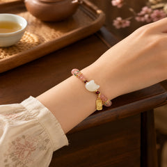 Strawberry Quartz White Jade Cat Fu Character Healing Bracelet featuring Strawberry Quartz, White Jade, Jade