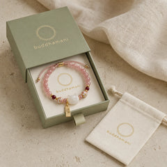 Strawberry Quartz White Jade Cat Fu Character Healing Bracelet featuring Strawberry Quartz, White Jade, Jade