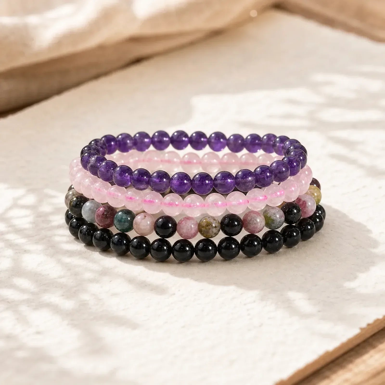 Stress Relief & Protection Crystal Bracelet Set featuring Amethyst, Rose Quartz, Tourmaline