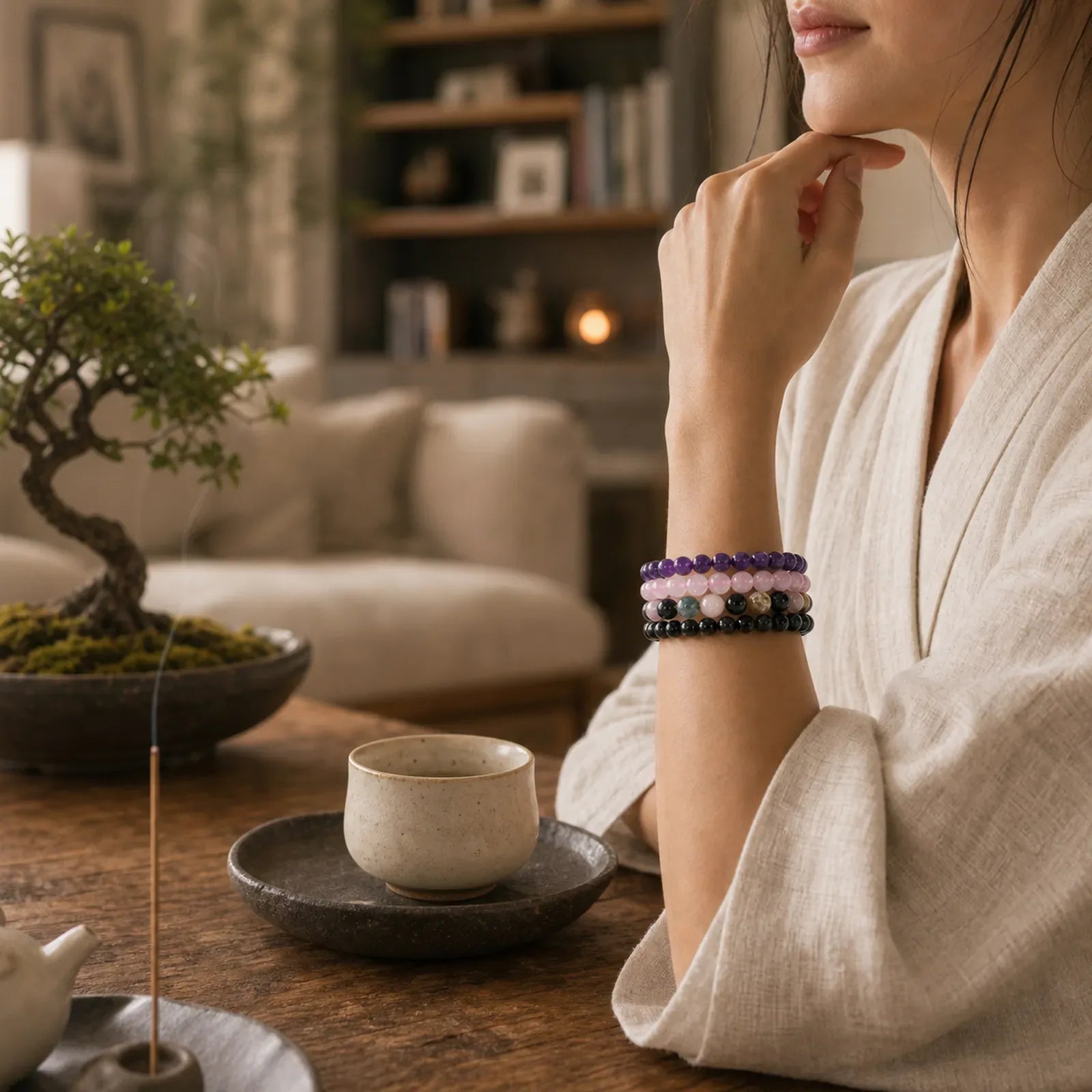 Stress Relief & Protection Crystal Bracelet Set featuring Amethyst, Rose Quartz, Tourmaline